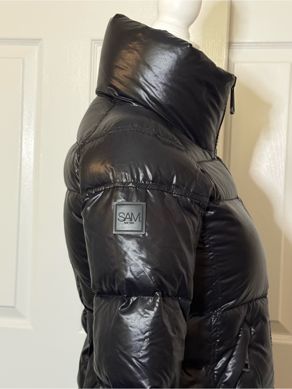 SAM. New York Black Glossy Goose Down Puffer Jacket XS Thumbhole Cuffs - Picture 9 of 14